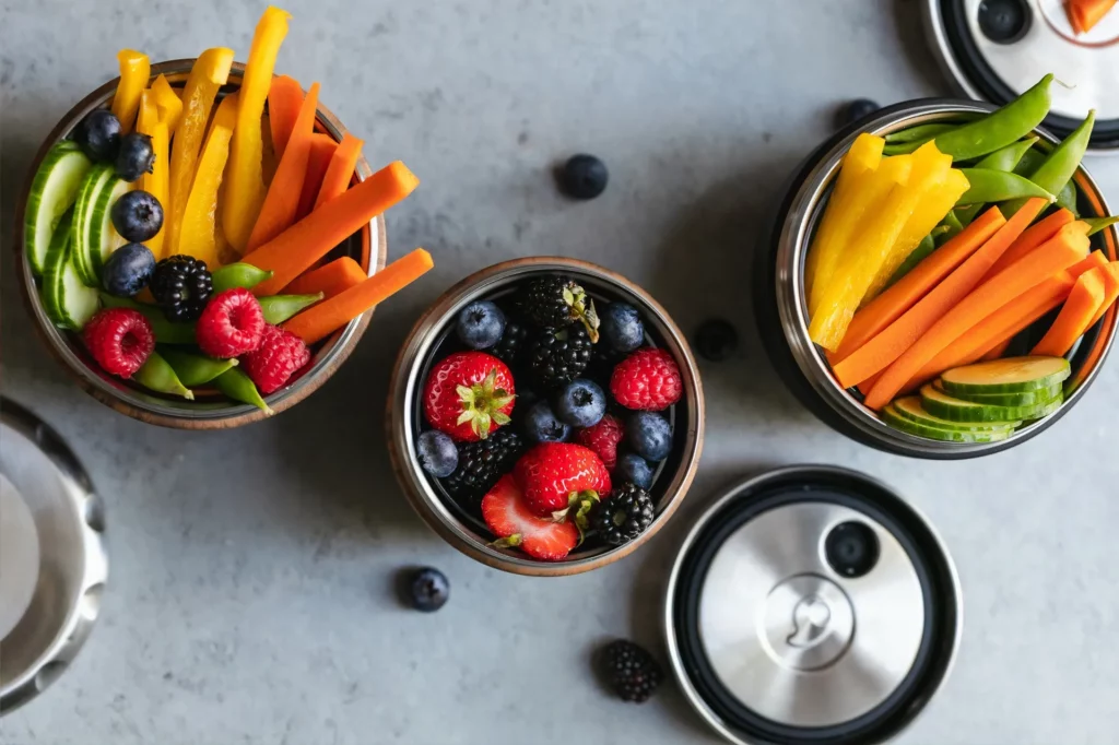 Brotdosen gefüllt mit geschnittenem Gemüse und Beeren als Snack für zwischendurch