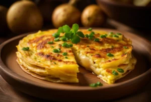 Lauchzwiebel-Quiche mit Bergbohnenkraut auf einem Teller angerichtet